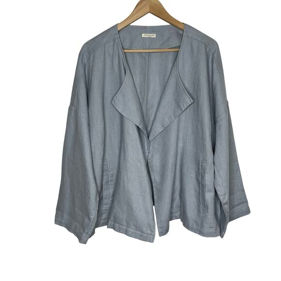 Eileen Fisher Organic Linen Open Front Jacket Womens Blue Pockets Lagenlook - Picture 1 of 9